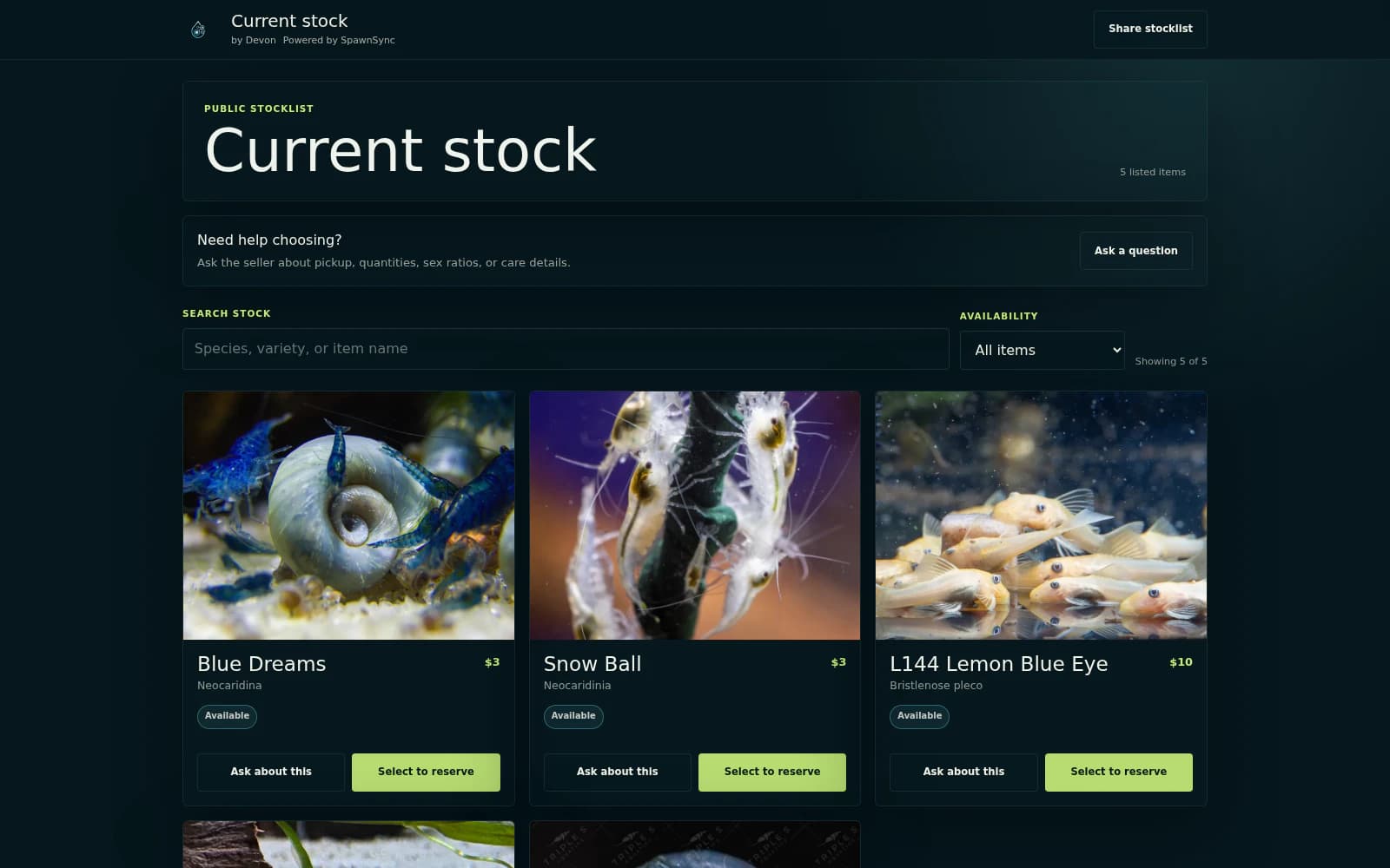 Live SpawnSync public stocklist showing aquarium livestock photos, prices, availability, questions, and reservation actions