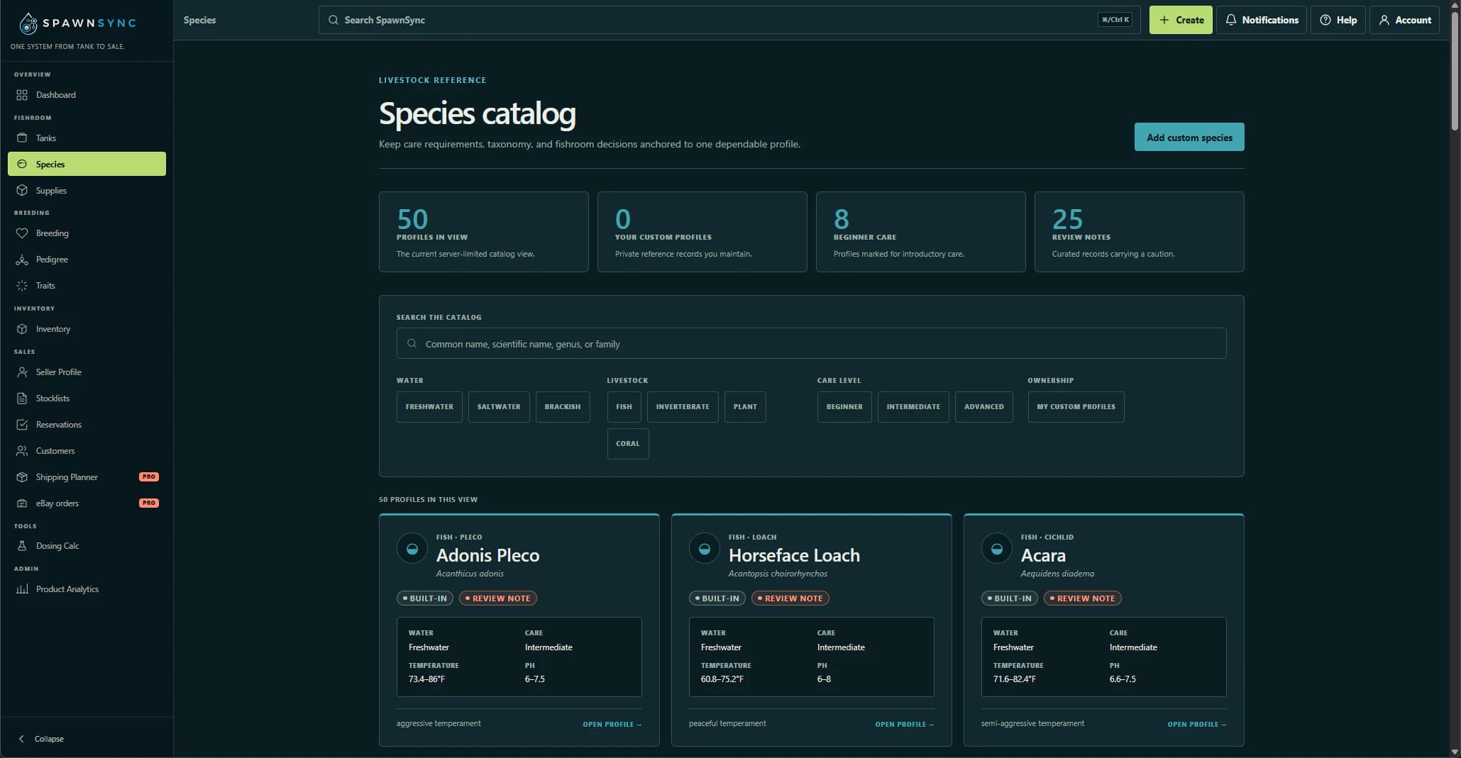 Current SpawnSync Species catalog with reference totals, filters, care data, and species profiles