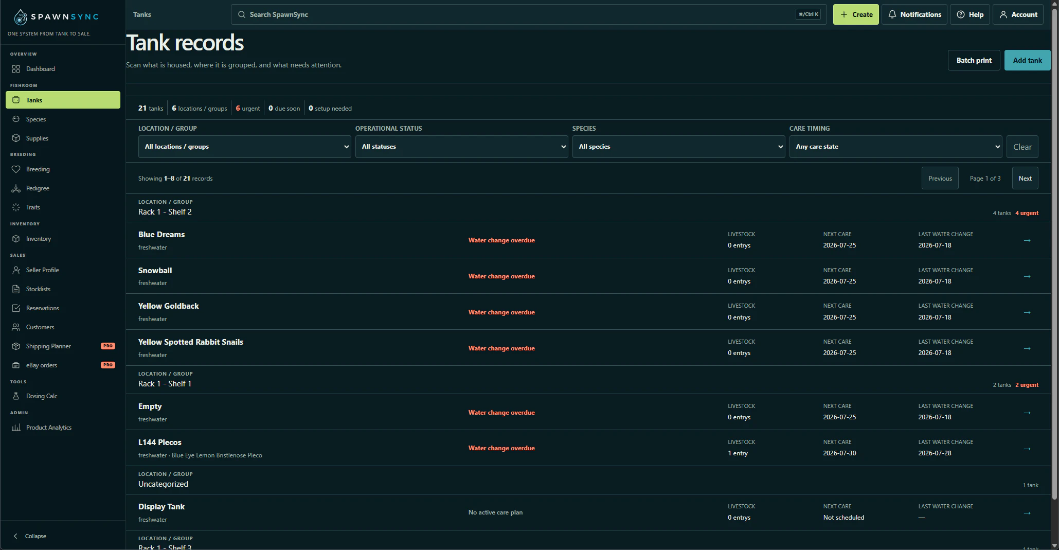 SpawnSync Tank records workspace showing location groups, care filters, livestock counts, and overdue water-change status